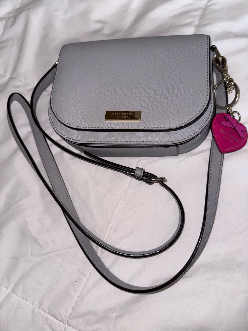 Kate Spade Light Gray Saffiano Leather Crossbody with Pink Heart Charm